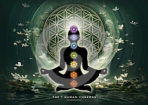 Human silhouette in yoga lotus pose with 7 Chakras symbols and Flower of Life (sacred geometry) in the background.