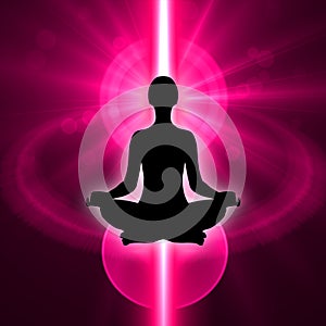 Human silhouette in yoga pose and meditation with light background