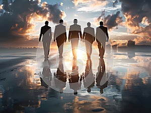 Human Silhouettes, A Group Of Men Walking On A Wet Surface