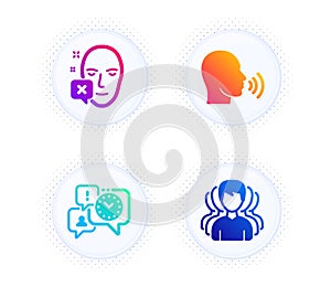 Human sing, Time management and Face declined icons set. Group sign. Talk, Office chat, Identification error. Vector