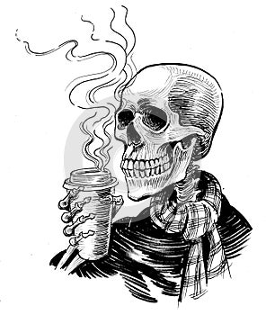 Human skeleton with coffee