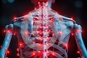 Human skeleton, hernia of the cervical spine, neck pain, backache, spondylosis of the intervertebral disc, health problems concept