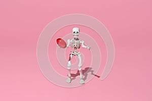 skeleton on a pink background holding a red pill