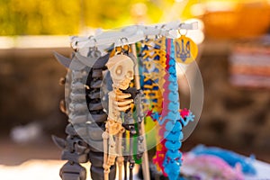 Human skeleton keychain close up. photo