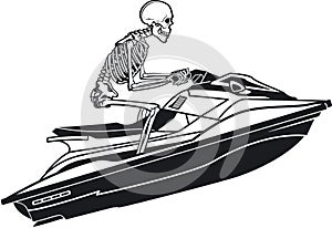 Human skeleton riding water jet ski