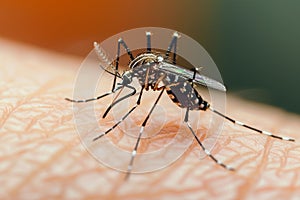 Human skin invaded by a mosquito, showcasing a close up annoyance