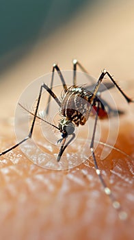 Human skin invaded by a mosquito, showcasing a close up annoyance