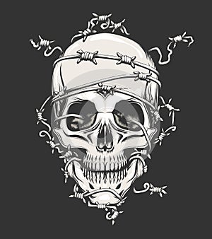 Human Skull in Barbed Wire