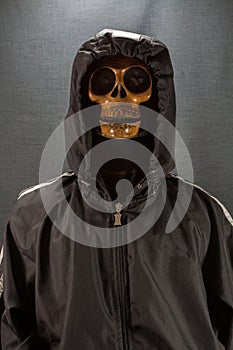 Human skull on a black background. halloween day or Ghost festival, Ghost on suit