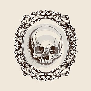 Human skull in filigree frame. Vector illustration