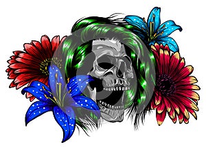 Human skull and flower wreath. Los muertos. Vector illustration.