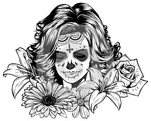 Human skull and flower wreath. Los muertos. Vector illustration.