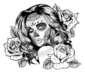 Human skull and flower wreath. Los muertos. Vector illustration.