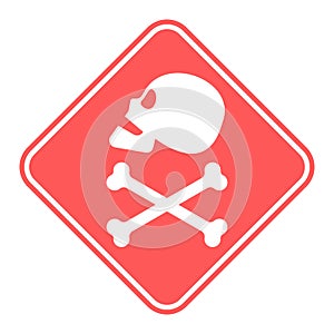 Human skull in profile and crossbones. Isolated illustration in flat style on a red warning square. Poison sign and symbol for