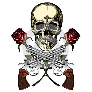 A human skull with two guns and two red roses