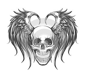 Human Skull with Wings Engraving Tattoo Design Isolated on White