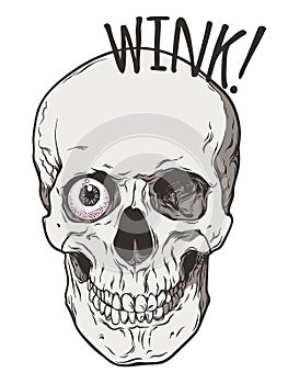 Human skull winks with one eye comic art style isolated.