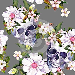 Human skulls, flowers in grunge style. Seamless pattern. Watercolor