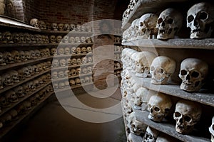 Human skulls inside a catacomb inside a catacomb photo