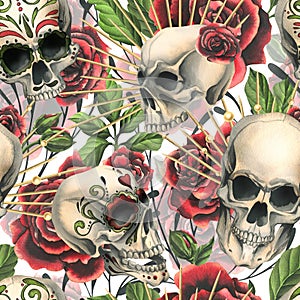 Human skulls with an ornament, red roses in a golden crown, branches. Hand drawn watercolor illustration for Halloween