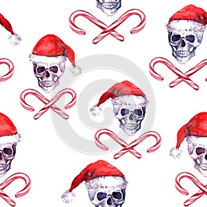 Human skulls in red santa hats. Christmas watercolor