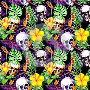 Human skulls, tropical leaves, exotic flowers. Repeating pattern at black background. Watercolor