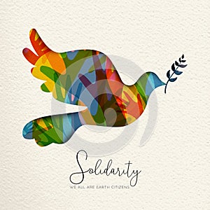 Human Solidarity card of bird and diverse hands
