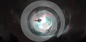 The human spacecraft travels through the wormhole, 3D illustration photo