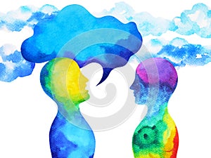 Human speaking and listening power of mastermind together inside your mind, watercolor painting hand drawn photo