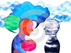 Human speaking and listening power of mastermind together inside your mind, watercolor painting hand drawn