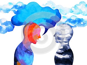 Human speaking and listening power of mastermind together inside your mind, watercolor painting hand drawn