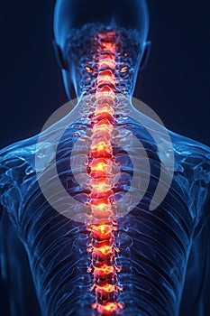 Human spine joints illuminated with neon colors showcasing pain points in the body photo