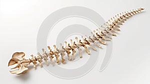 Human spine model lying on a white surface, showcasing detailed vertebrae and natural curvature photo
