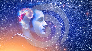 Human spirit, astronomy, life zen inner peace concept. Double multiply exposure abstract portrait of a dreamy young man face, photo
