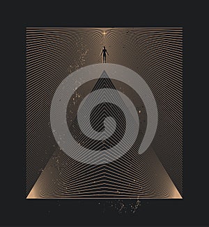 Human spirit greatness concept illustration with human body silhouette rises above the pyramid on black background. Vector