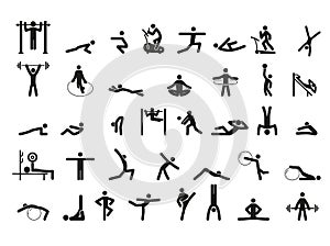 Human sport black minimalist icon set vector illustration. Healthy lifestyle and vitality people