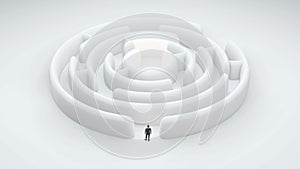 Human standing in front of maze, white round labyrinth, business thinking and complex strategy concept, man thinking