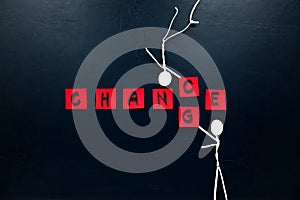 Human stick figure changing the word chance to change. Career growth and development concept.