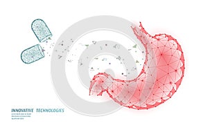 Human stomach medical treatment concept. Pill capsule help therapy. Digestive system cancer abdomen pain analysis