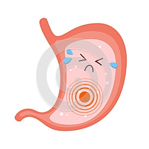 Human stomach sad character. Gastritis, indigestion and stomach pain problems. Vector flat cartoon illustration