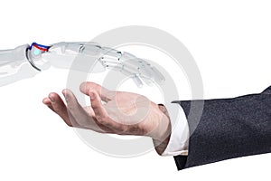 Human stretch out hand to robotic hand for handshake. 3d rendering