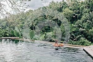 Human swimming in Bali infinity pool