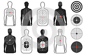 Human target. Shoot range paper with man silhouette, bullet pistol gun shot for firearm bow military props darts board