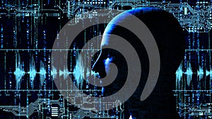 Human tech head at matrix background with electronic circuits