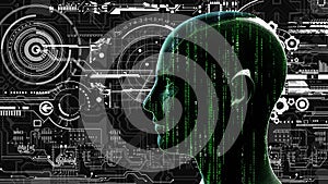 Human tech matrix head at background with electronic circuits