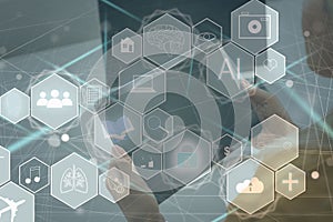 Human and technology concept. AI (Artificial Intelligence). Communication network. photo