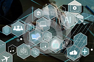 Human and technology concept. AI (Artificial Intelligence). Communication network. photo