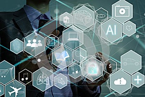 Human and technology concept. AI (Artificial Intelligence). Communication network. photo