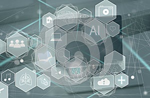 Human and technology concept. AI (Artificial Intelligence). Communication network. photo