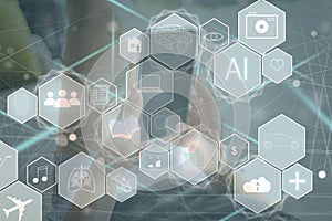 Human and technology concept. AI (Artificial Intelligence). Communication network. photo